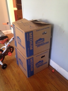 This is a common scene around my house these days... These boxes happen to be empty DVD cases (yep, they're full!)